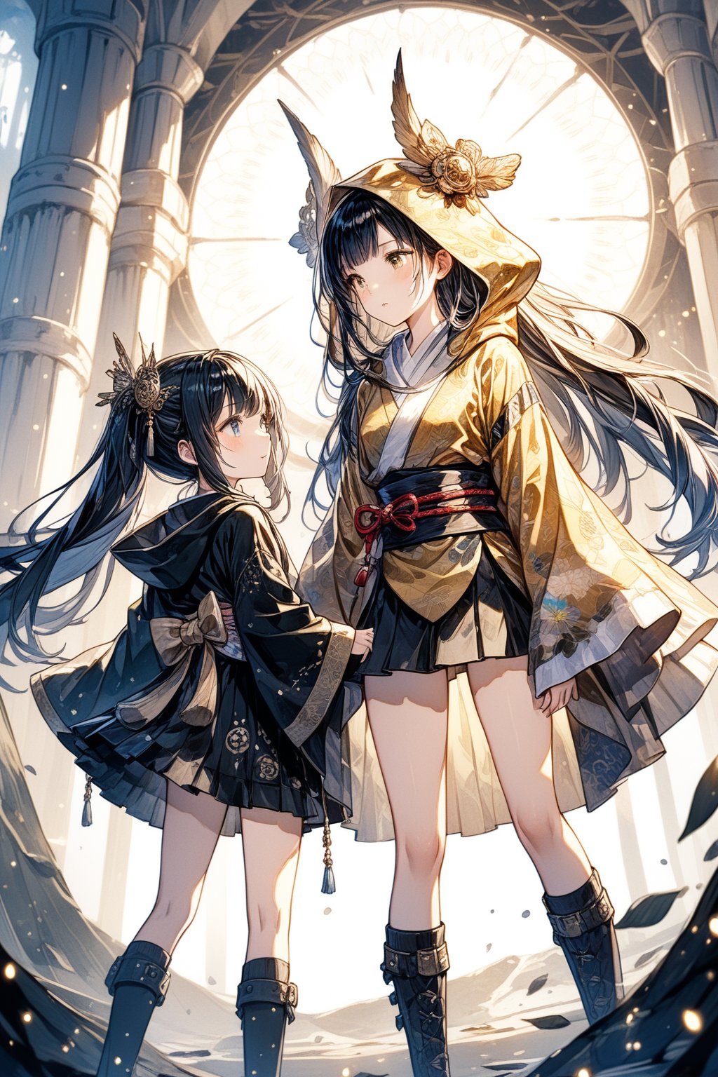 Kyoto Animation style anime, long hair, (((two girls))), beautiful, sexy black-haired woman, ethereal, (16 years old), with detailed and gorgeous hooded kimono, golden hooded kimono, miniskirt, fantasy punk. Cinematic lighting, ethereal light, intricate detail, extremely detailed, incredible detail, full color, intricate detail, extremely detailed and intricate, ultra-minimalist, extremely detailed, rich in color. Masterpiece, best quality, HDR, UHD, Unreal Engine. Representative, fair skin, rich details and high quality, gorgeous, 8k, ultra-details, gorgeous light and shadow, meticulous decoration, meticulous lines, glitter