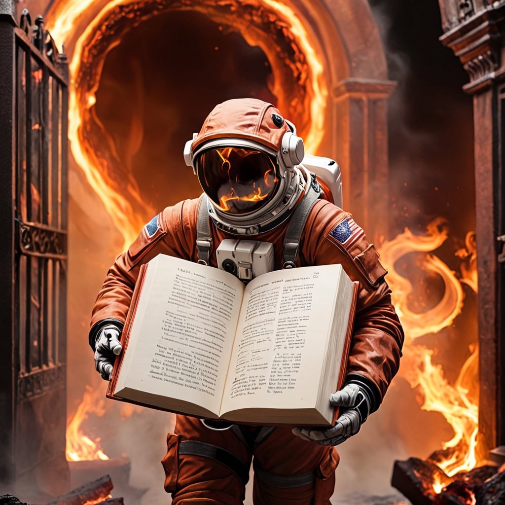 Detailed photo, to a portal to hell, demons, fire, natural light ,fire element
astronaut with a thick book under his right arm walking towards the gate of hell