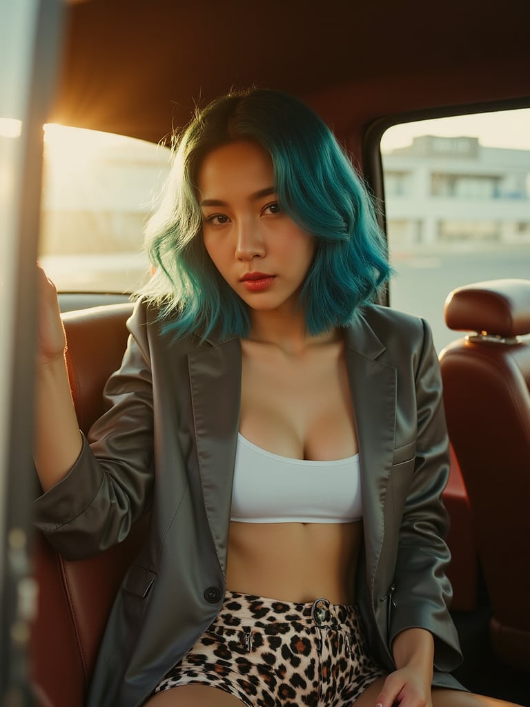 In a dreamy, Wong Kar-wai-inspired cinematic scene, a young East Asian woman with a soft, warm golden glow on her light brown skin, striking blue hair, and wavy locks, wears a sleek grey cardigan and shiny latex suit, paired with a white crop top and animal print shorts, exuding an air of confident coolness. Her pouting lips and slight head tilt convey a sense of playful defiance, as she faces the camera with a direct, eye-level gaze, set against the blurred, bokeh-tinged background of a vehicle interior with supple leather seats and a car door window. Soft, warm natural light pours in from the window, with a subtle fill light on her face, casting a gentle, golden glow, while the overall image is bathed in a warm, filmic color grade with a hint of grain, reminiscent of 35mm film