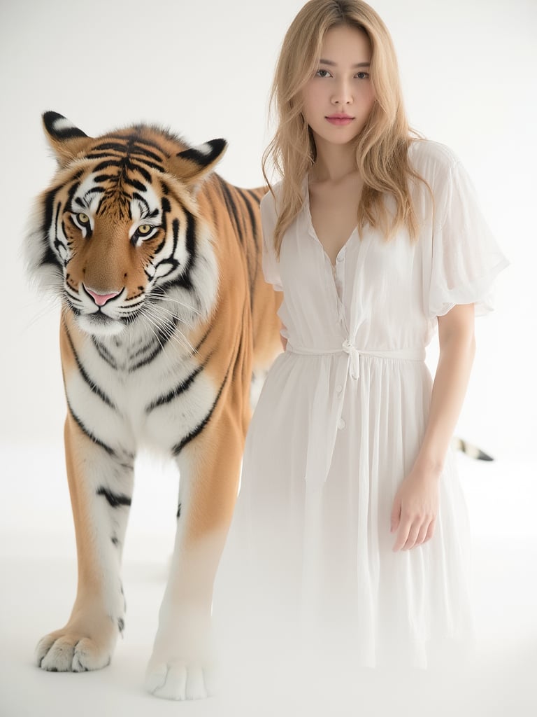 A beautiful young woman white dress, medium shot , looking at viewer,
Standing next to her is a majestic tiger, calm and protective,
white simple background , studio lighting , lighting on her skin ,
creating a serene and magical atmosphere, enhancing the dreamy, fantasy-like quality of the image