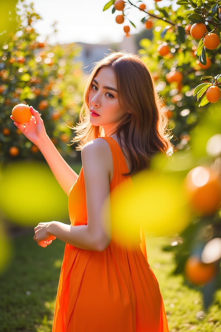 A captivating Asian woman, wearing a flowing orange dress, standing with a serene expression. Her long, wavy hair adds elegance to the scene. She holds a orange in one hand. She is standing in the middle of an orange orchard. The sunlight filters gently through the trees, casting soft shadows on her skin and the surrounding oranges. The foreground features blurry orange leaves, creating a natural frame for the subject. The sunlight creates warm, dappled light across her and the oranges, enhancing the beauty of the natural setting. The overall scene has a calm and harmonious feel