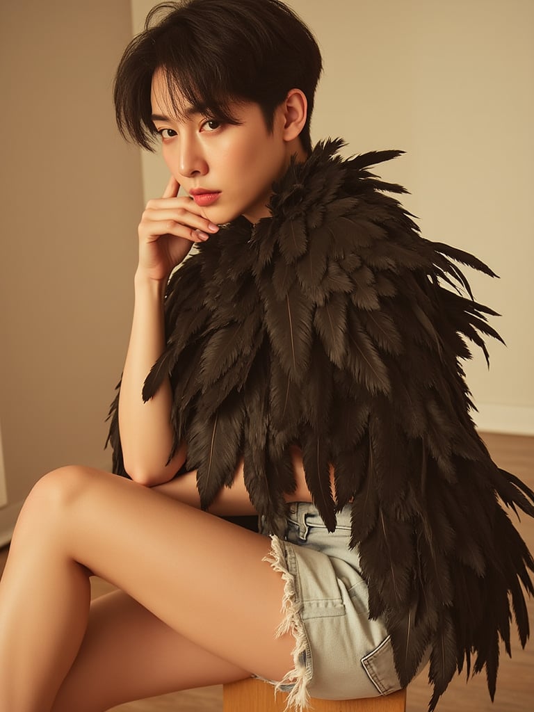 A young East Asian woman with porcelain skin and raven-black victory rolls hair, dressed in a bold, avian-inspired outfit made entirely of feathers, sits in a minimalist, neutral-colored indoor setting with soft, warm lighting reminiscent of Terrence Malick's naturalistic style. Her eyes are cast downward, with a contemplative expression, as she rests her chin on one hand, her legs crossed in a relaxed pose, with a frayed hem on her white denim shorts peeking out from beneath the feathers. A shallow depth of field blurs the background, while the feathers and her dark features are crisply defined, shot in a cinematic 35mm film grain style with a warm color grade, evoking the soft, golden tones of a sunset, with subtle lens flares and bokeh, as if captured through a Nikon D850 with a Nikkor 50mm f-1.8 lens.