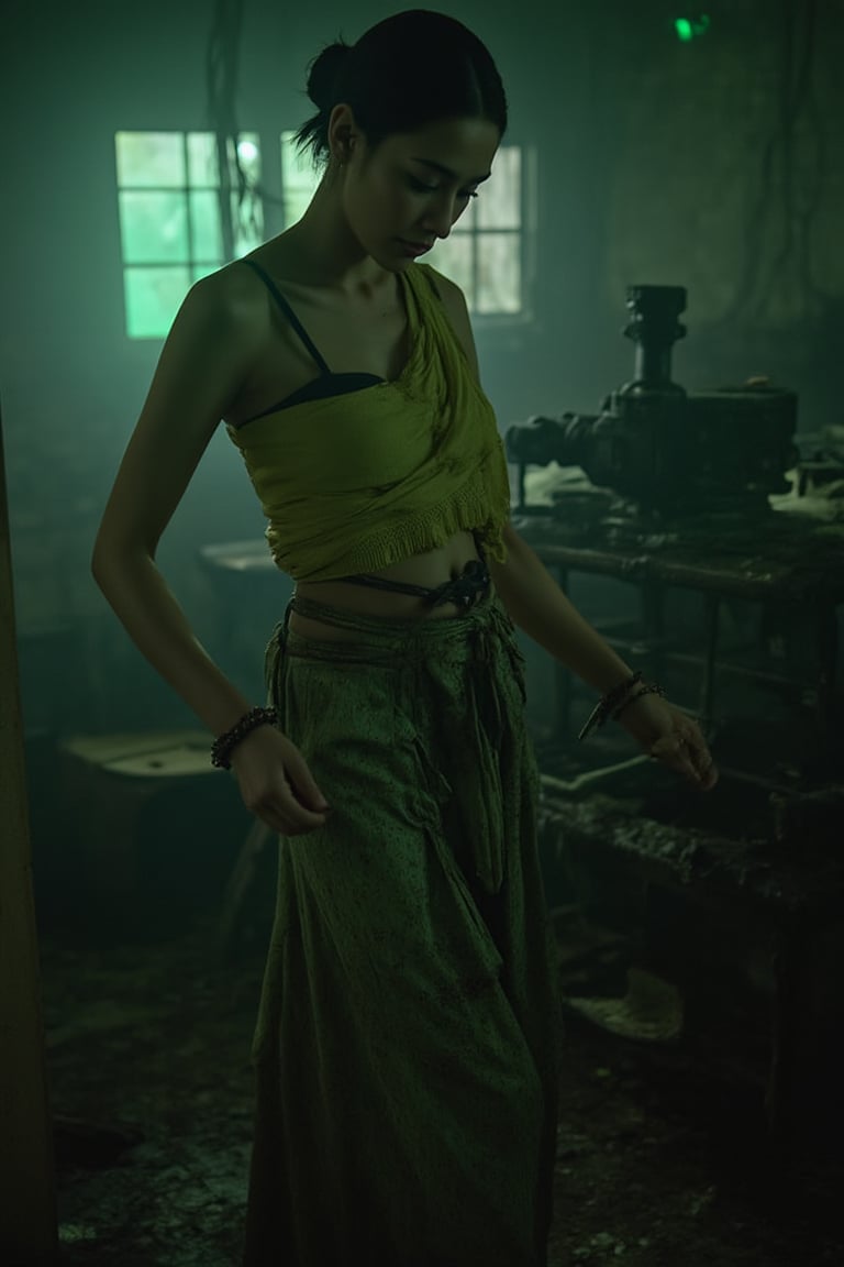 wide-angle image of a 1 Thai woman with a beautiful, captivating appearance. She is wearing a wide-neck shirt and a sarong, with sweat soaking through her clothes as she works in a dimly lit room. The room is filled with old, antique items and is illuminated by faint moonlight and eerie green light filtering through a window. The atmosphere is thick with gray smoke, and the overall scene is dark and mysterious, evoking a sense of danger. Despite the eerie setting, the woman exudes an alluring charm without violating any community standards.