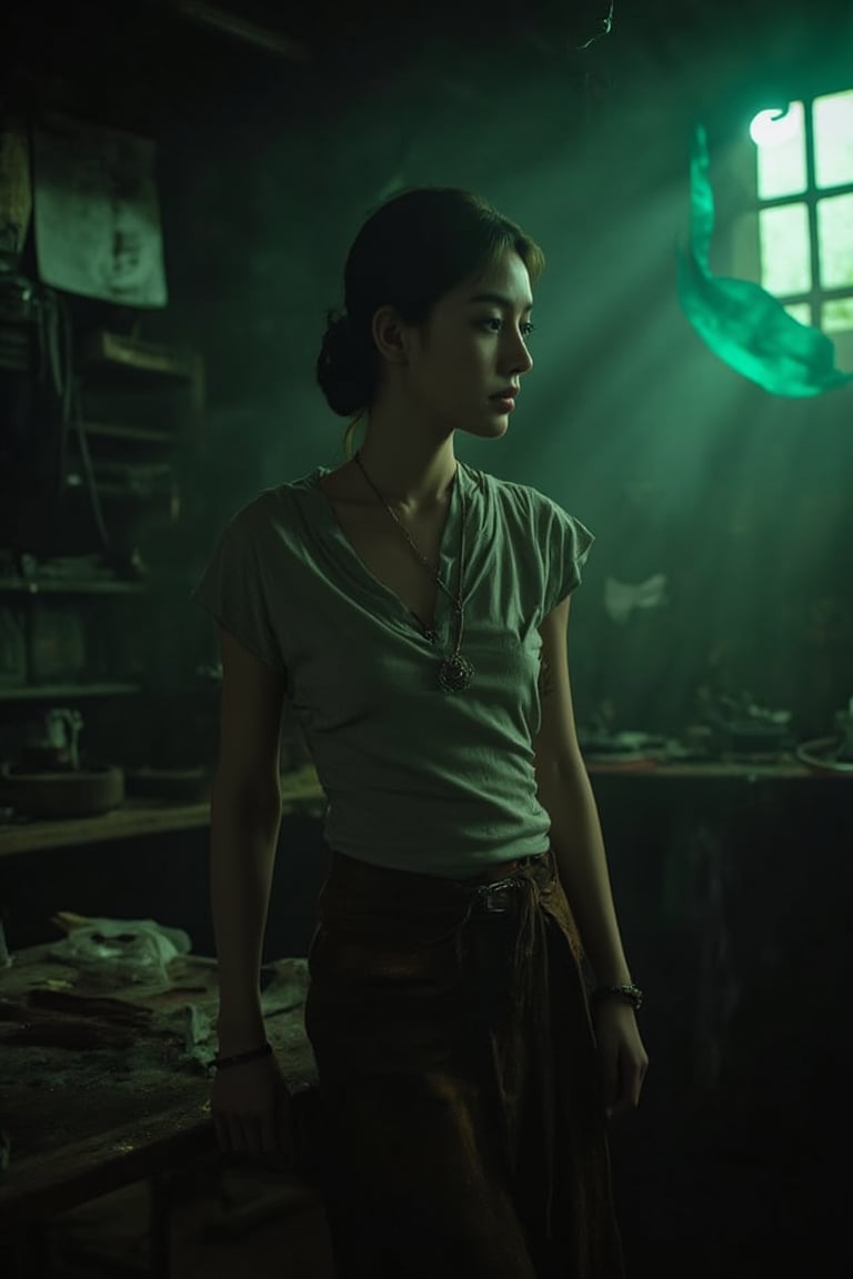 wide-angle image of a 1 Thai woman with a beautiful, captivating appearance. She is wearing a wide-neck shirt and a sarong, with sweat soaking through her clothes as she works in a dimly lit room. The room is filled with old, antique items and is illuminated by faint moonlight and eerie green light filtering through a window. The atmosphere is thick with gray smoke, and the overall scene is dark and mysterious, evoking a sense of danger. Despite the eerie setting, the woman exudes an alluring charm without violating any community standards.