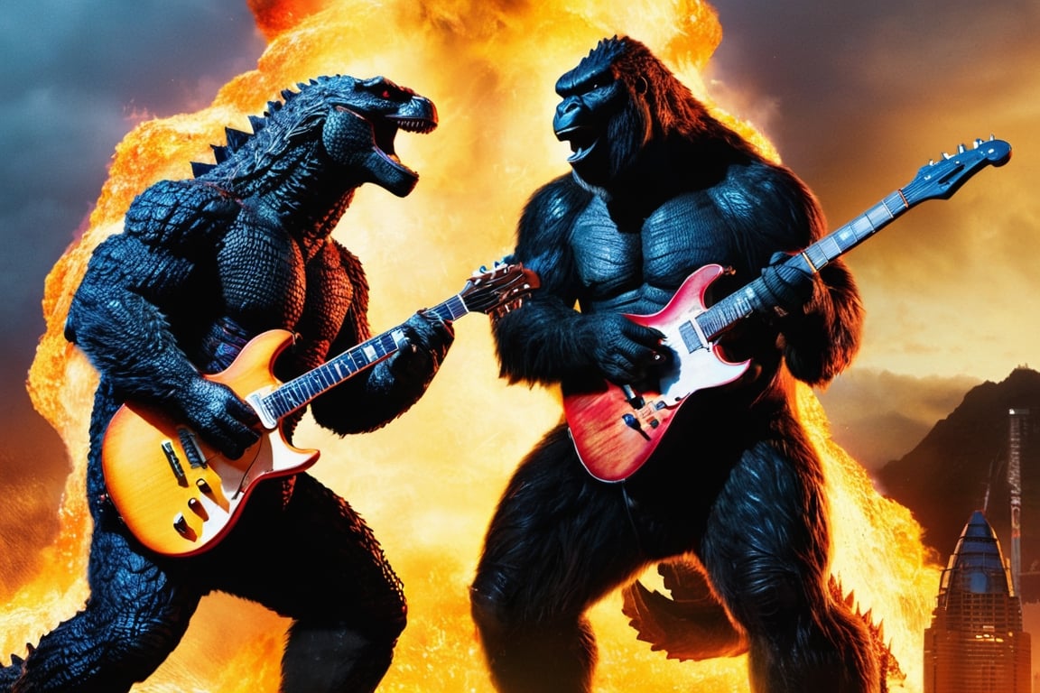 godzilla x kong, palying flaming guitars