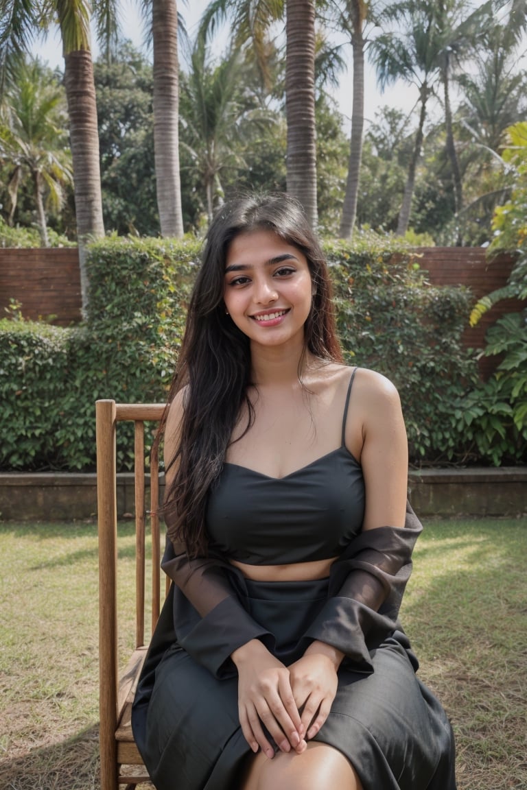 20year old hispanic women, wearing a beautiful  dark traditional dress and sit in a chair

  ,wet hair , blue eyes , black hair , smiling, medium breast , taken with a canon Eos R5 and 85mm lens , photo realistic images, clear realistic 
 garden background,hd with black saree in holi bakground