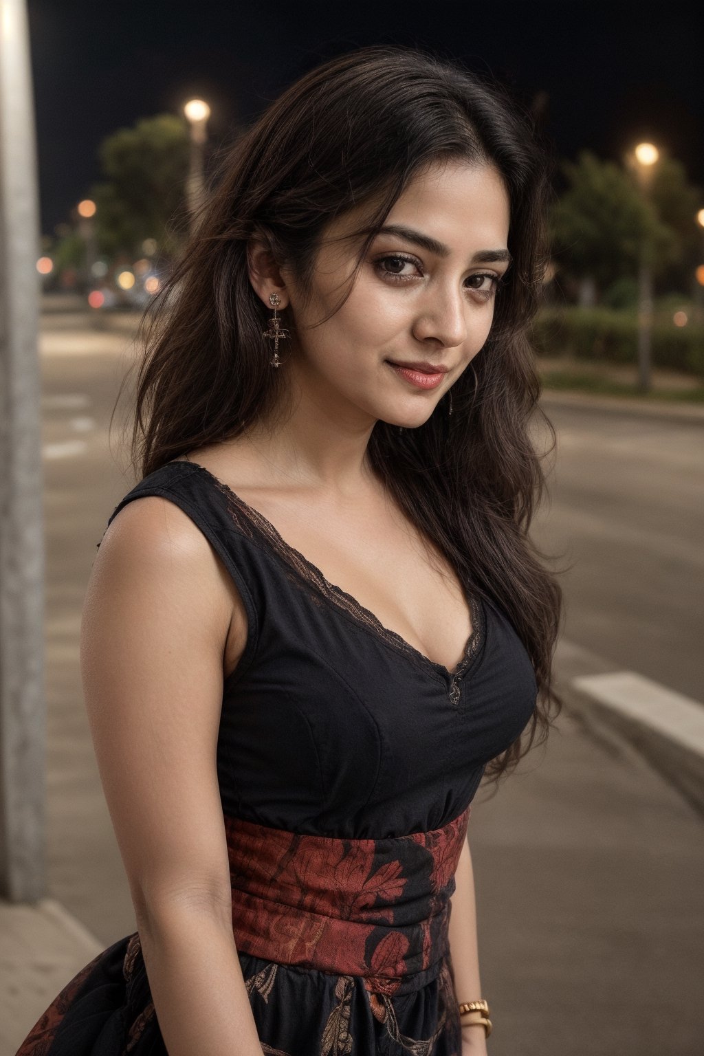 Neon light, 24 years old, city background, long hair, jewelery earrings, realisticbreasts, looking_at_viewer , smile, black hair, jewelry, solo_female, earrings, wearring traditional dress of haryana , ,bracelet, realistic,80', photorealistic,80' girl, bangle , looking hot and sexy ,  dark night carbackground