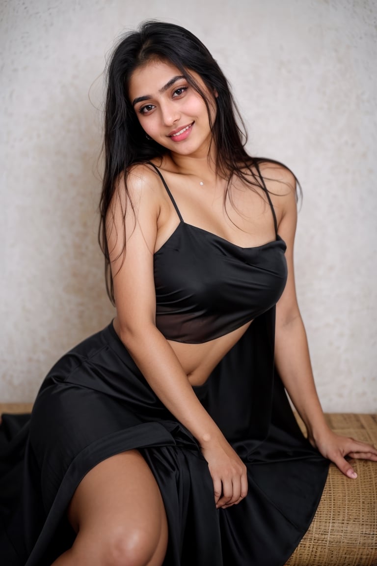 20year old hispanic women, wearing a beautiful  dark traditional dress and sit in a chair

  ,wet hair , blue eyes , black hair , smiling, medium breast , taken with a canon Eos R5 and 85mm lens , photo realistic images, clear realistic 
 car background,hd with black saree in holi bakground