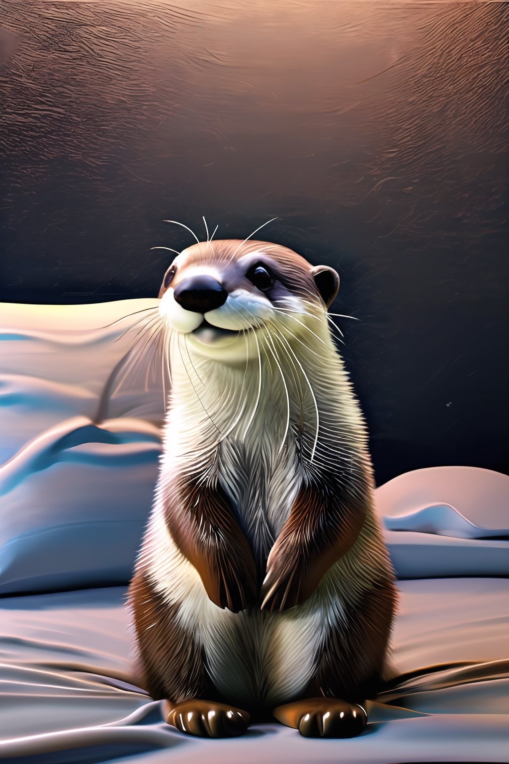 Realistic, a mini cute little otter, lying on the bed, The background is a cozy room contrasting with the color of the black otter. The posture and expression of the otter express a "happy" feeling, delicate and cute,bsp,hybrid,Extremely Realistic,Animal