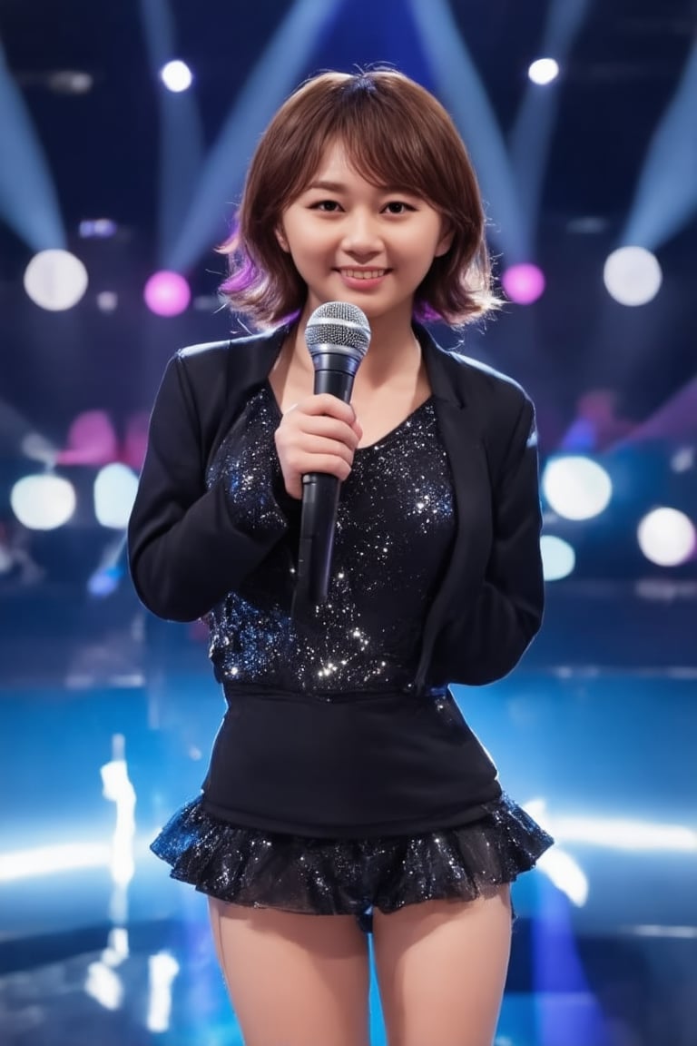 A glamorous K-pop star stands center stage, exuding elegance and charm. The scene is set in a grand concert hall, with spotlights creating a dramatic effect, highlighting her flawless makeup and luxurious attire. She poses with a confident smile, holding a microphone, her posture reflecting poise and sophistication. The background is filled with vibrant, colorful lights, enhancing the atmosphere of a high-energy performance. The composition captures her star power and the electrifying ambiance of a K-pop concert.