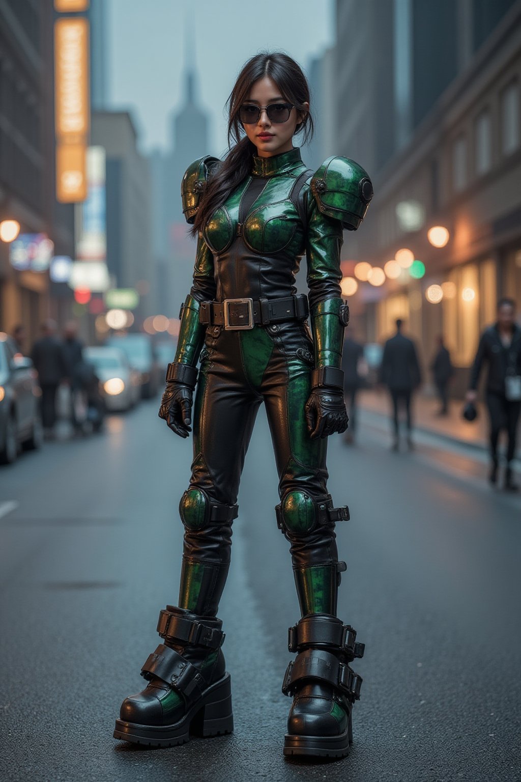 Cyberpunk female, shiny black and green camo latex bodysuit, armour, chunky heel platform boots, neon lit boulevard, wide belt, holsters, shades