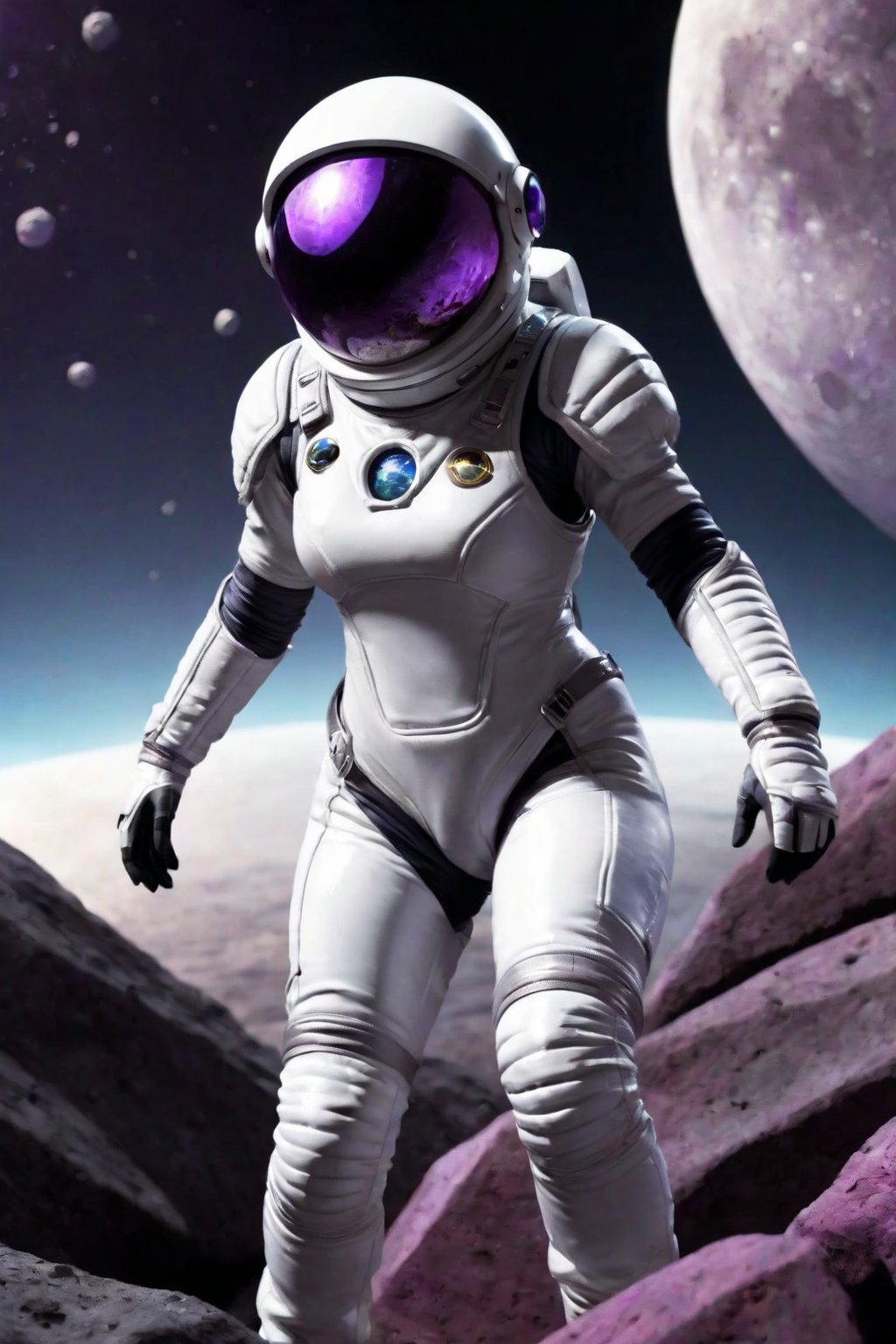 Female, white shiny spacesuit, glass helmet, moonscape, purple rocks, frightened look on face, floating, arms wide for balance, caught in air current