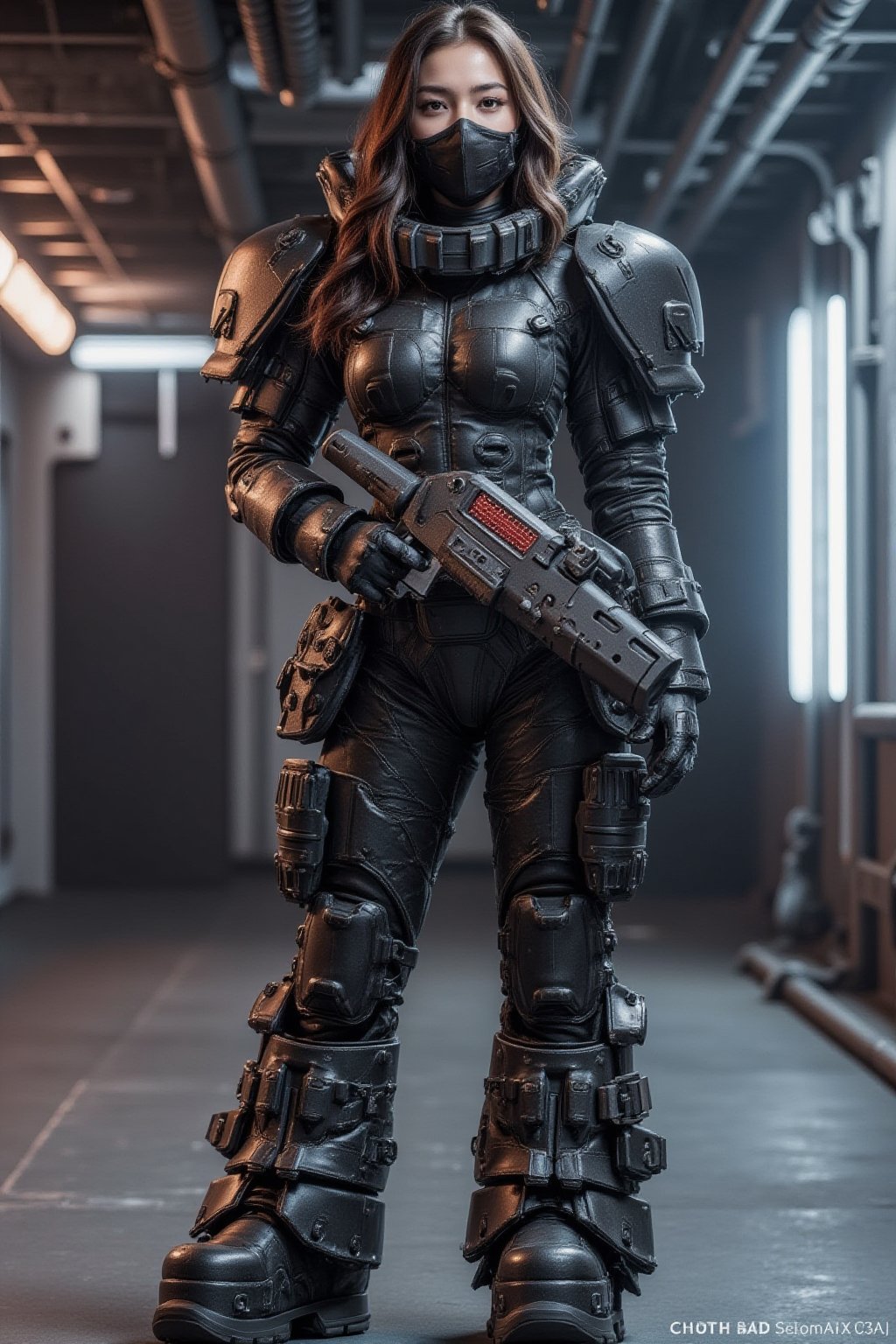 Cyberpunk female, shiny black camo armoured mecha suit, chunky  boots, neon lit spaceport, full face helmet, large plasma gun