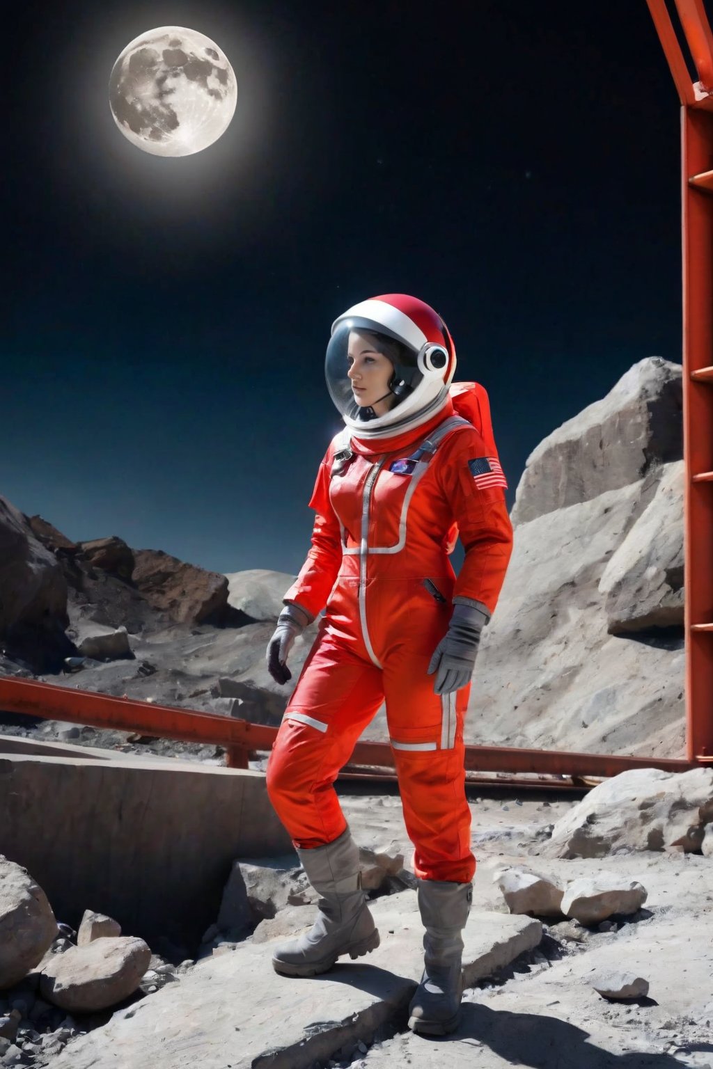 Female, clear transparent red spacesuit, enclosed helmet, rocky moonscape, construction girders, 