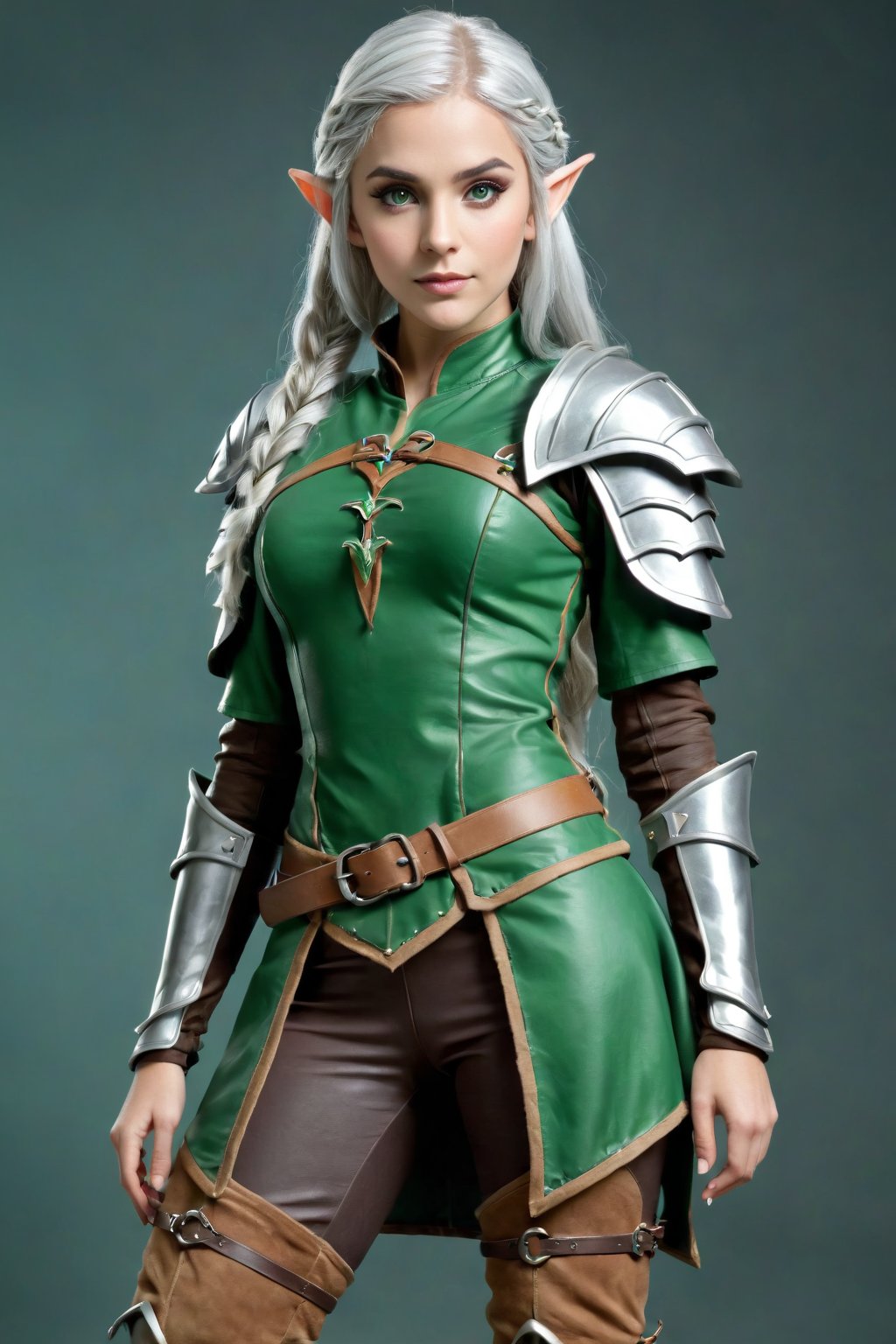 Fantasy female elf, silver hair, green leather armour tunic, light brown leggings,  thigh boots