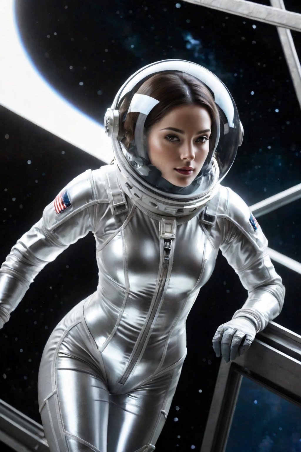 Female, clear transparent shiny spacesuit, glass helmet, construction girders, floating, in space