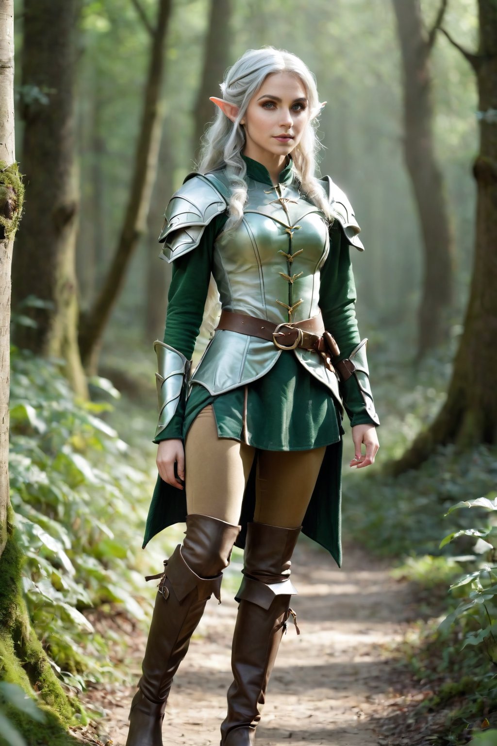 Fantasy female elf, silver hair, green leather armour tunic, light brown leggings,  thigh boots, path, woodland, dappled sunlight