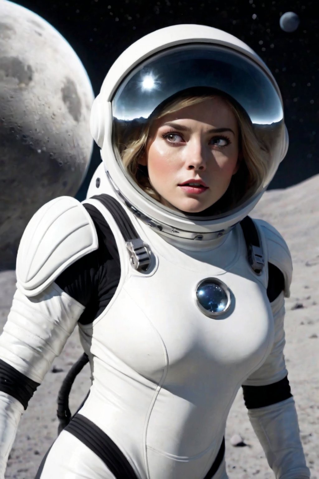 Female, white shiny spacesuit, glass helmet, moonscape, frightened look on face, floating, arms wide for balance, 