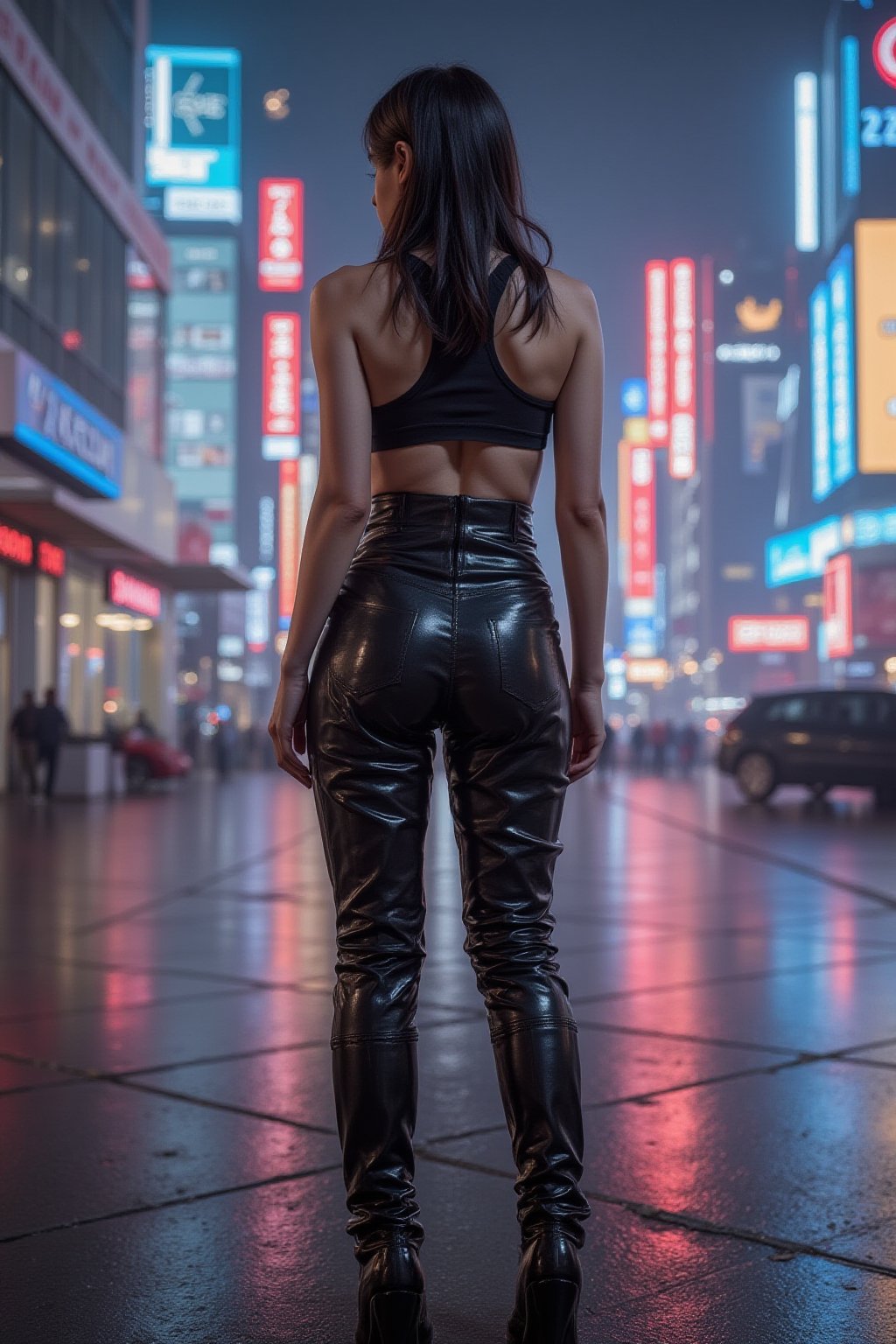 Cyberpunk female, shiny black cybernetic bodysuit, extreme platform boots, neon lit city plaza, rear view