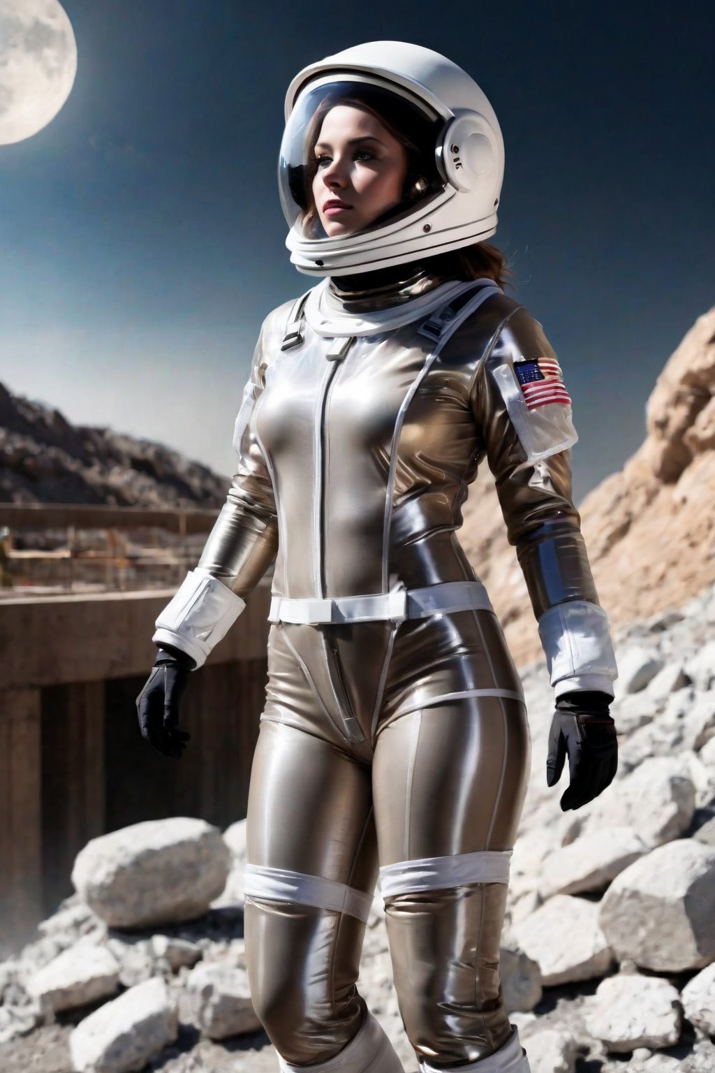 Female, transparent see through spacesuit, enclosed helmet, rocky moonscape, construction girders, 