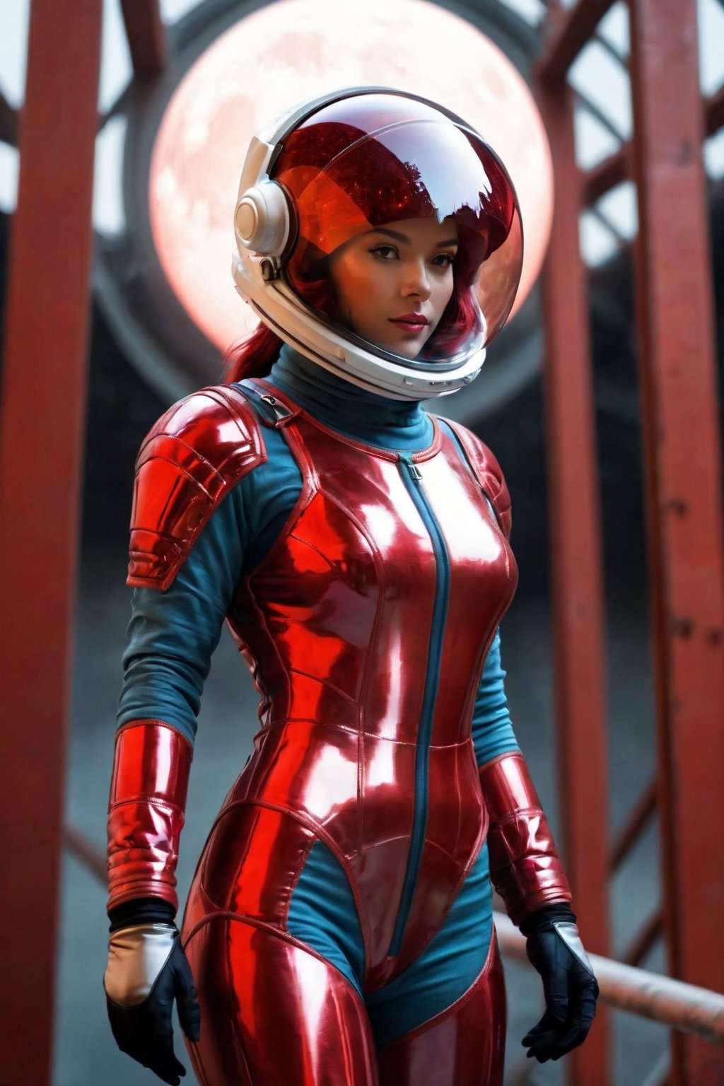 Female, clear transparent shiny spacesuit, glass helmet, construction girders, red alien moonscape