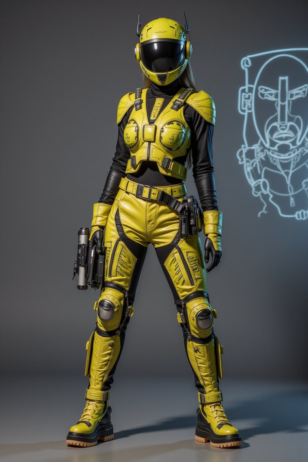 Cyberpunk female, shiny yellow and green leather armoured bodysuit, chunky heel platform boots, neon lit spaceport, wide belt, holsters, full face helmet