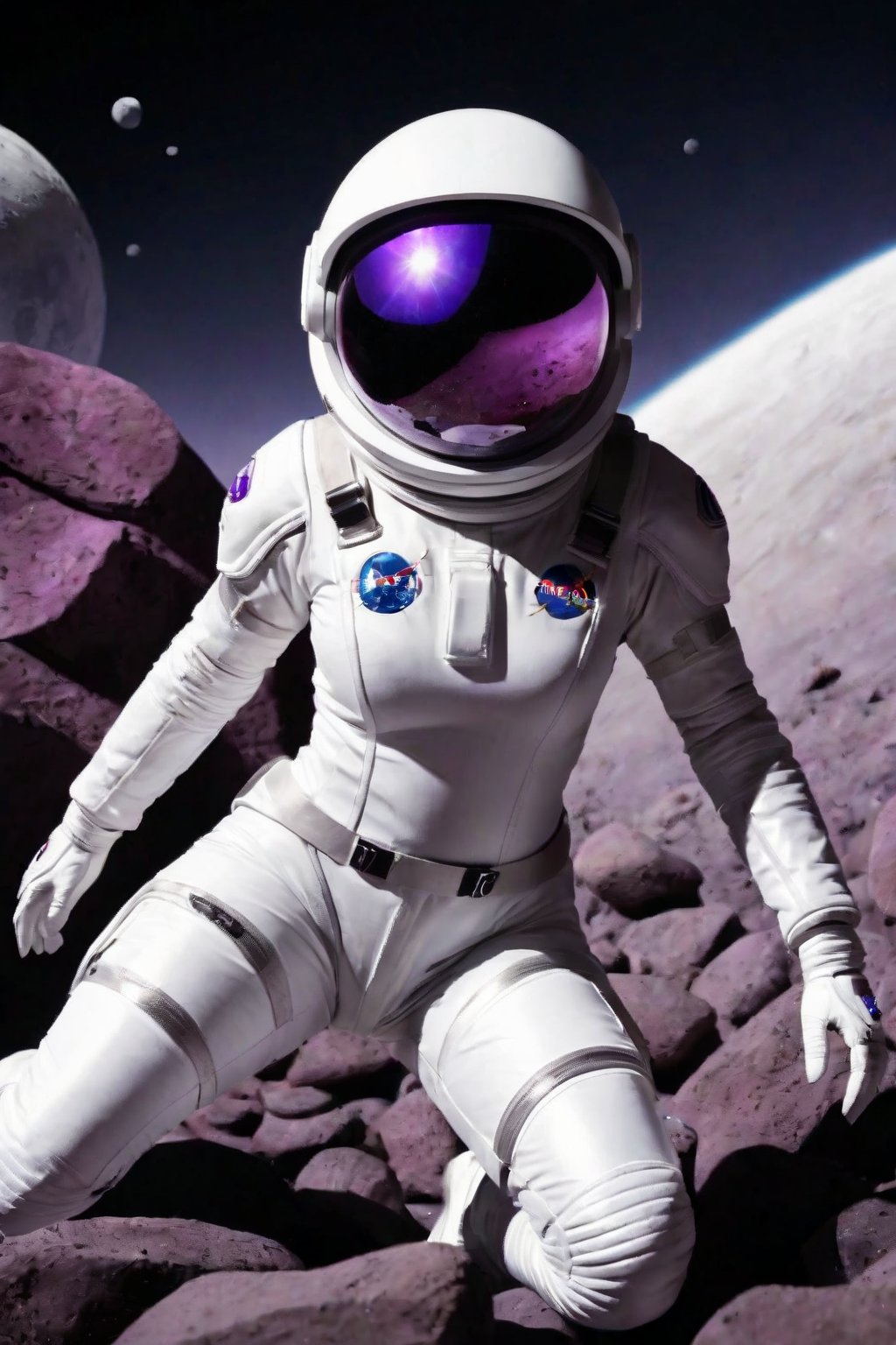 Female, white shiny spacesuit, glass helmet, moonscape, purple rocks, frightened look on face, floating, arms wide for balance, caught in air current