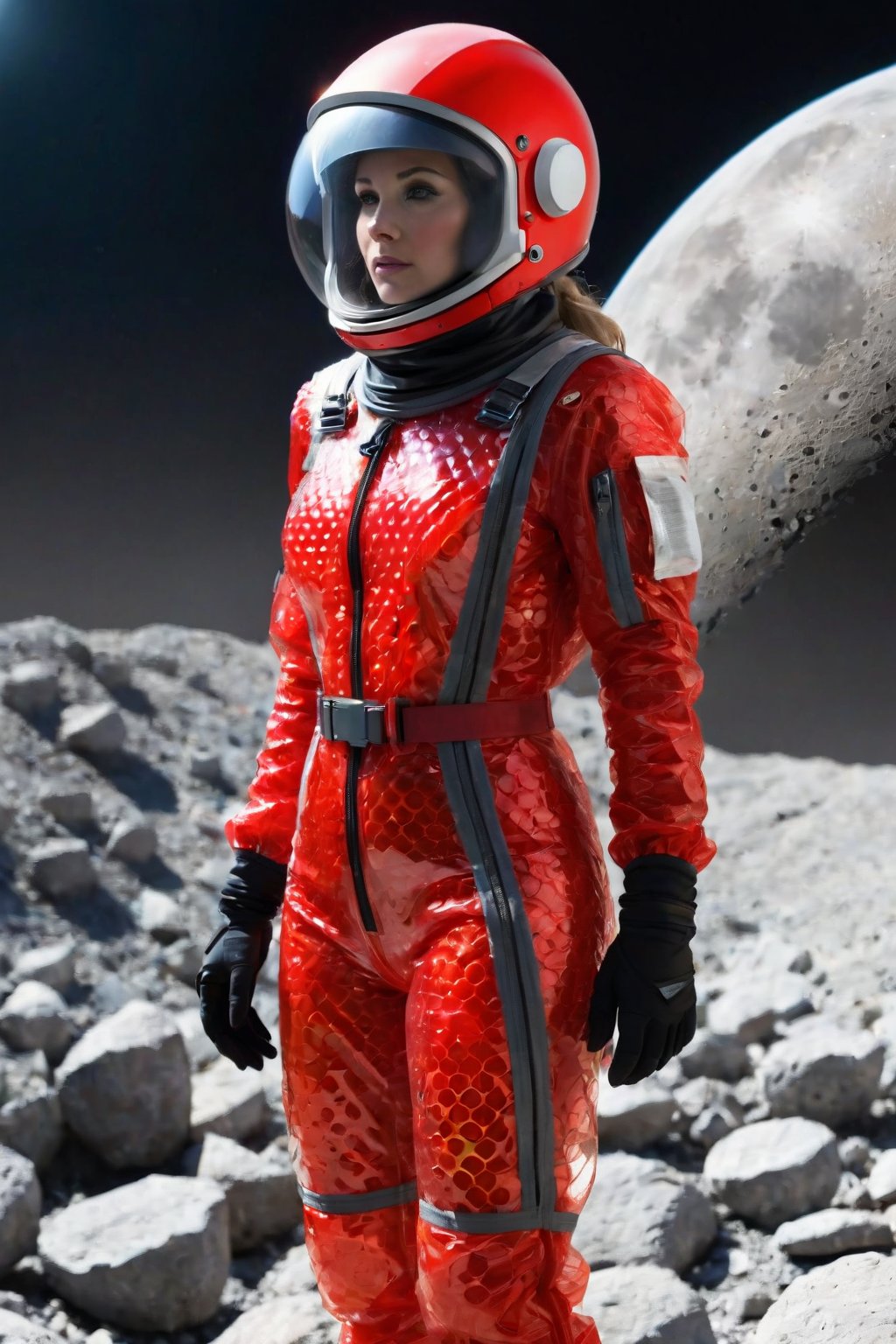 Female, red transparent bubblewrap spacesuit, enclosed helmet, rocky moonscape, construction girders, 