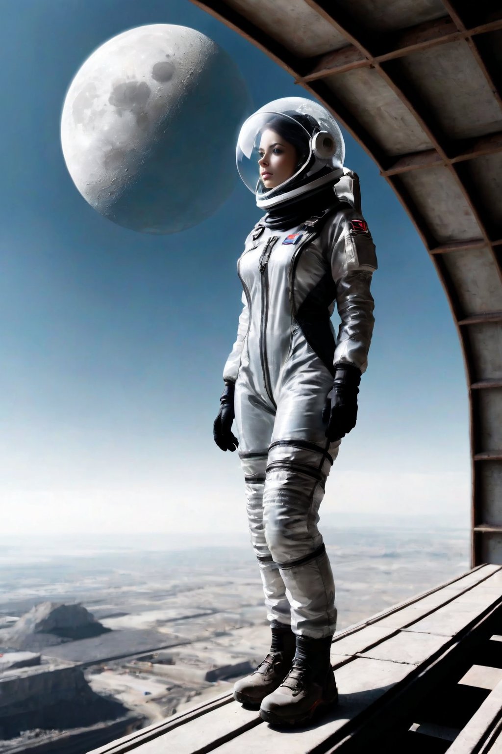 Female, transparent spacesuit, glass helmet, rocky moonscape, construction girders, floating, 