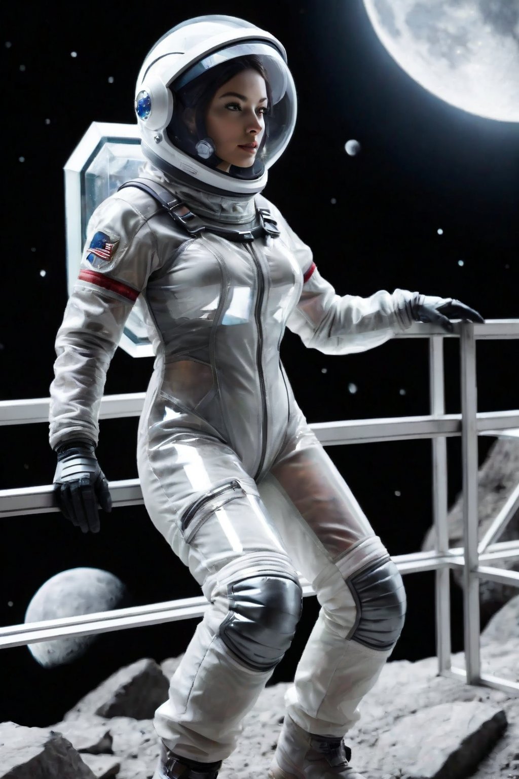 Female, clear transparent spacesuit, glass helmet, rocky moonscape, construction girders, floating, 