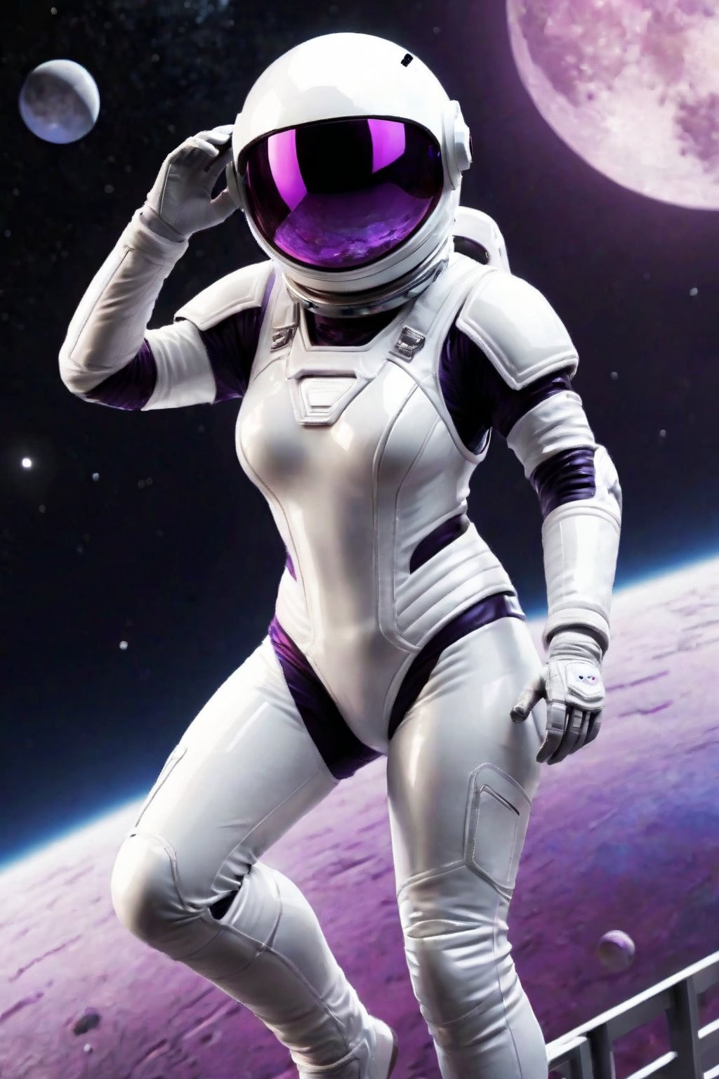 Female, white shiny spacesuit, glass helmet, purple moonscape, girders, floating, arms wide for balance, 