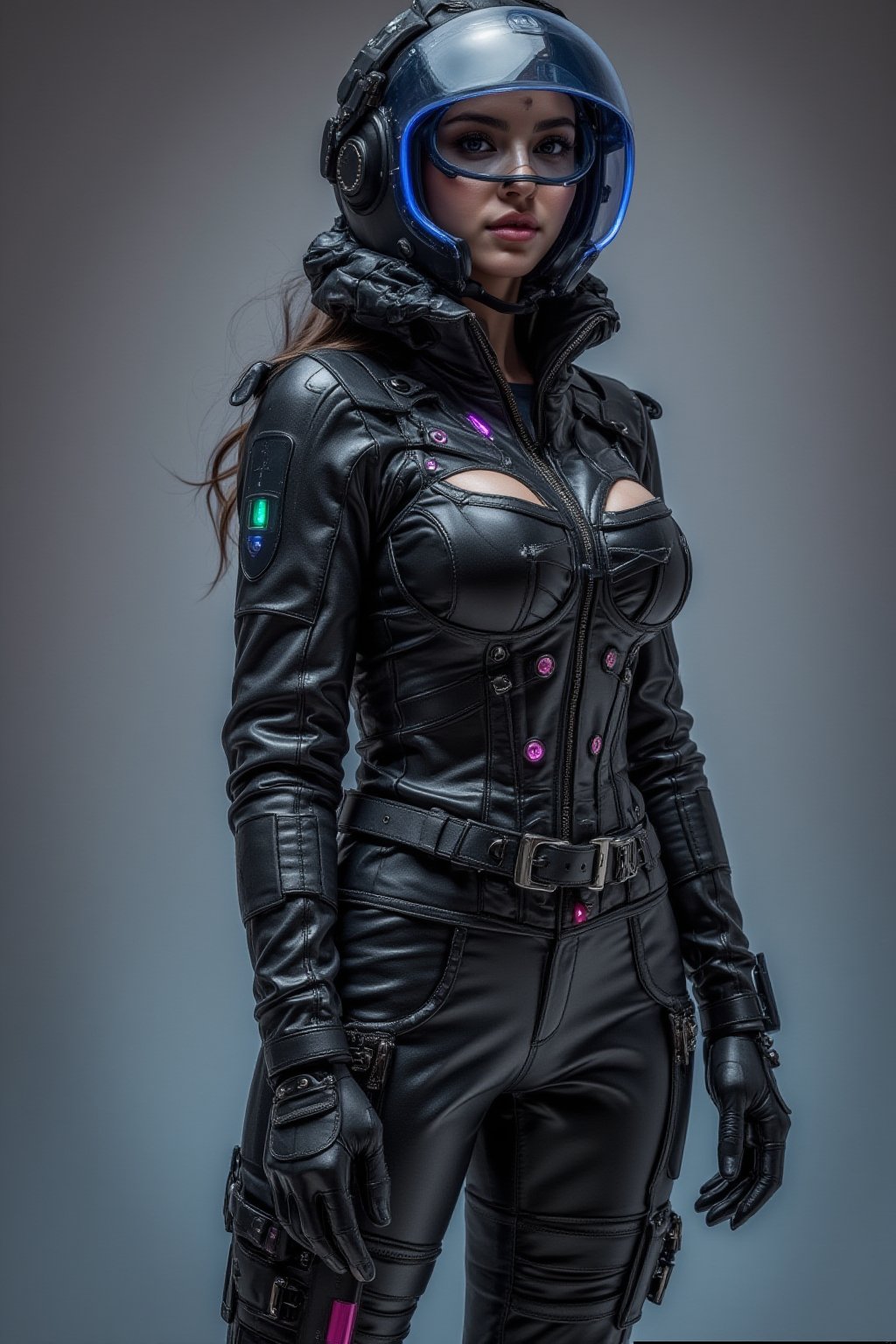 Cyberpunk female, shiny black leather armoured bodysuit, chunky heel platform boots, neon lit spaceport, wide belt, holsters, full face helmet