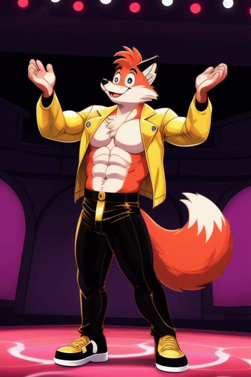 A Muscular Fox As Conrad Birdie In Bye Bye Birdie The Musical  With His Gold Leather Jacket With No Shirt On Gold Pants And Gold Shoes With The Mayor And The Sweet Apple Kids On Stage
The Audience Claps For The Fox




 
 
