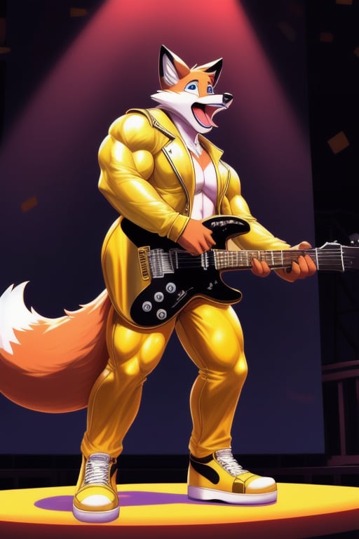 A Muscular Fox As Conrad Birdie In Bye Bye Birdie The Musical  With His Gold Leather Jacket  Gold Pants And Gold Shoes Singing Honestly Sincere On Stage
Stage Props-Courthouse
The Fox Has A Electric Guitar
 
