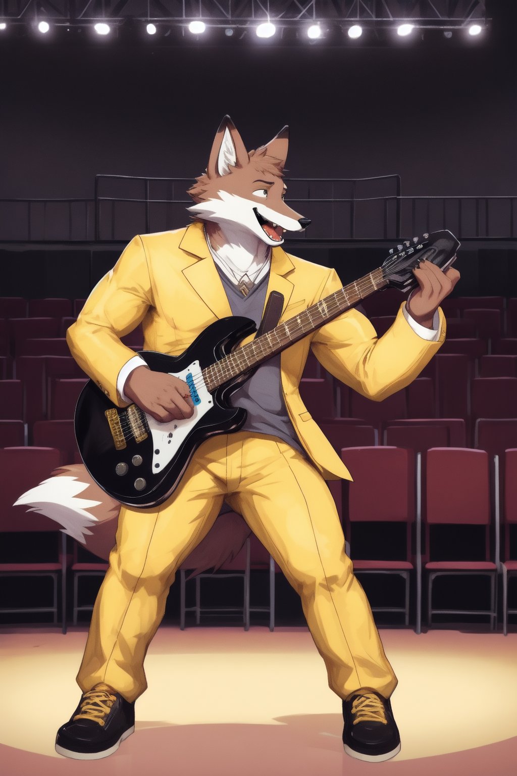 The Audience In The Auditorium Is Clapping For The Muscular Fox Wearing A Gold Suit Jacket No Shirt Gold Pants Gold Shoes As He Has A Electric Guitar And A Microphone Stand
A Girl Fainting 