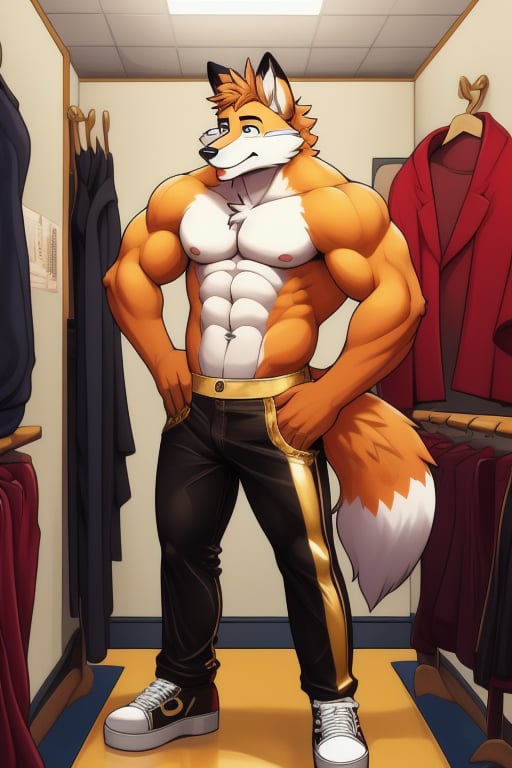 A Muscular Fox As Conrad Birdie In Bye Bye Birdie The Musical  With His Gold Leather Jacket With No Shirt On Gold Pants And Gold Shoes In His Dressing Room In Backstage Of High School Getting Undressed

 
 
