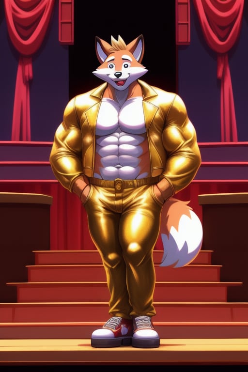 A Muscular Fox As Conrad Birdie In Bye Bye Birdie The Musical  With His Gold Leather Jacket With No Shirt On Gold Pants And Gold Shoes With The Mayor And The Sweet Apple Kids On Stage
The Courthouse Set Seen
The Stairs Seen
Randolph McAfee Seen 






 
 
