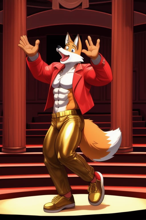 A Muscular Fox As Conrad Birdie In Bye Bye Birdie The Musical  With His Gold Leather Jacket With No Shirt On Gold Pants And Gold Shoes With The Mayor And The Sweet Apple Kids On Stage
The Courthouse Set Seen
The Stairs Seen
Randolph McAfee Seen Dancing With The Fox As Conrad Birdie






 
 
