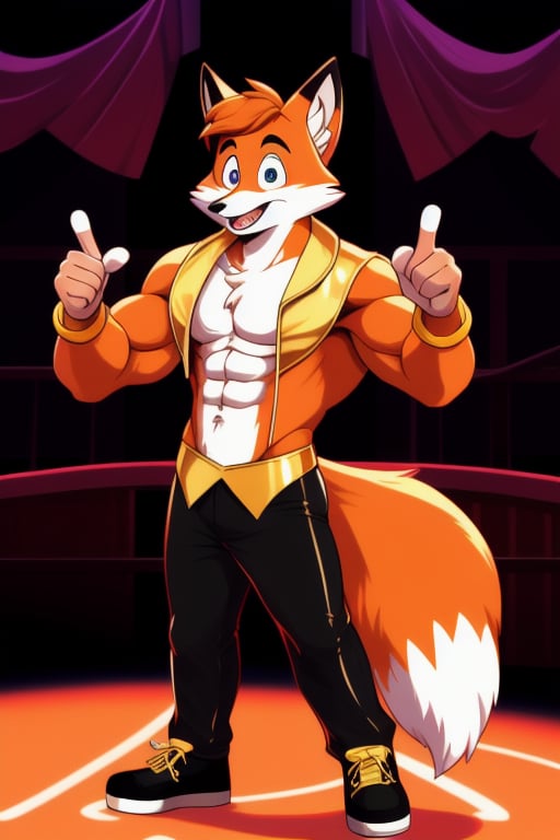 A Muscular Fox As Conrad Birdie In Bye Bye Birdie The Musical  With His Gold Leather Jacket With No Shirt On Gold Pants And Gold Shoes With The Mayor And The Sweet Apple Kids On Stage
The Fox Sings I Look You In The Eye Don't Even Have To Try It's Automatic I'm Sincere
The Fox Is Pointing At The Girl's Eye


 
 
