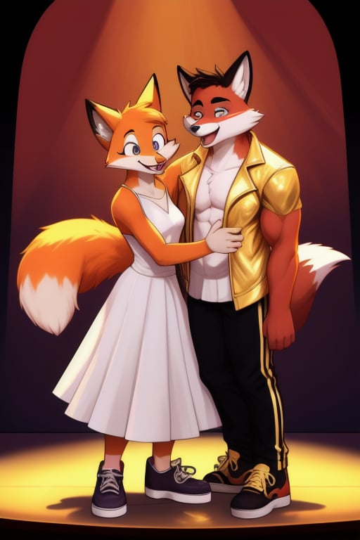 A Muscular Fox As Conrad Birdie In Bye Bye Birdie The Musical  With His Gold Leather Jacket With No Shirt On Gold Pants And Gold Shoes With The Mayor And The Sweet Apple Kids On Stage
The Fox Sings I Look You In The Eye Don't Even Have To Try It's Automatic I'm Sincere
The Fox Is Pointing At The Girl's Eye
The Girl Is A Goat And She Is Standing Right Next To The Fox
The Girl Is In A White Dress



 
 
