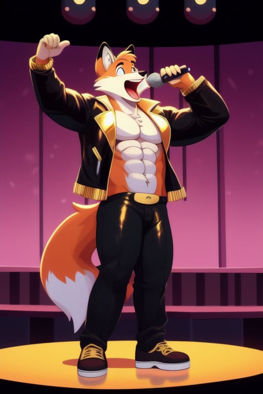 A Muscular Fox As Conrad Birdie In Bye Bye Birdie The Musical  With His Gold Leather Jacket With No Shirt On Gold Pants And Gold Shoes With The Mayor And The Sweet Apple Kids On Stage
The Fox Pulls His White Shirt Off With His Hands And Keeps The Gold Leather Jacket On
The Fox Is Singing On A Microphone Stand



 
 
