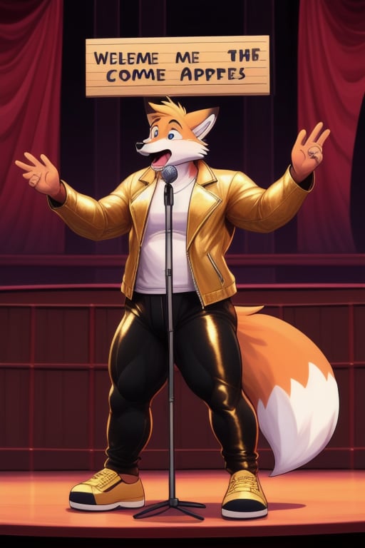 A Muscular Fox As Conrad Birdie In Bye Bye Birdie The Musical Wearing A Gold Leather Jacket Gold Pants And Gold Shoes Singing Honestly Sincere On Stage
Stage Props-Courthouse
The Fox Has A Microphone Stand And A Sign That Says Welcome Conrad Birdie To Sweet Apple Ohio
The Fox Is With Everyone