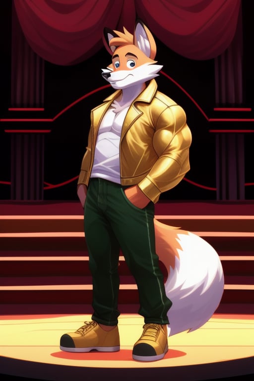 A Muscular Fox As Conrad Birdie In Bye Bye Birdie The Musical  With His Gold Leather Jacket With No Shirt On Gold Pants And Gold Shoes With The Mayor And The Sweet Apple Kids On Stage
The Courthouse Set Seen
The Stairs Seen
Randolph McAfee A 8-Year Old Kid Seen Wearing A Shirt And Pants Standing Right Next To The Fox






 
 
