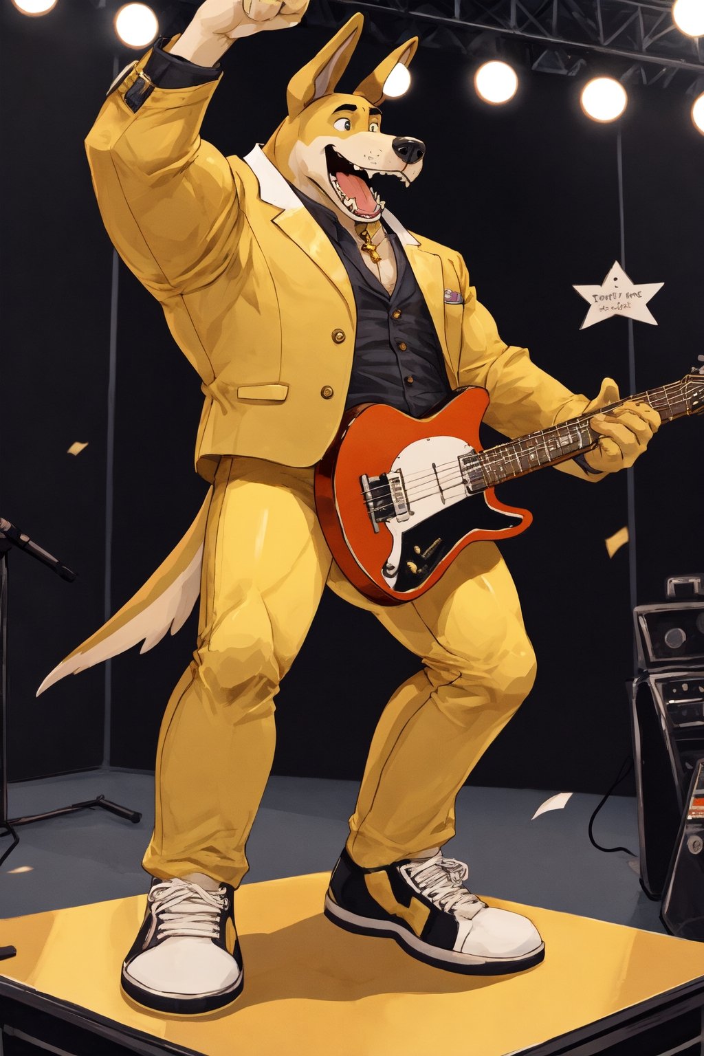 A Muscular Yellow Hound Dog Singing And Playing On A Guitar On Stage Taking Off His Gold Suit Gold Pants And Gold Shoes