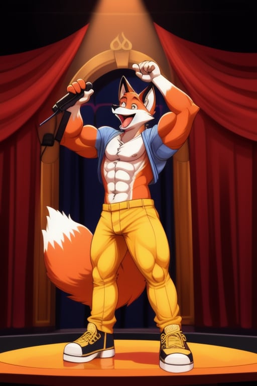 A Muscular Fox As Conrad Birdie In Bye Bye Birdie The Musical  With His Shirt Off  Gold Pants And Gold Shoes Singing Honestly Sincere On Stage
Stage Props-Courthouse
The Fox Is With The Microphone Stand 
The Fox Knows That The Song Is Over And The People Are Dead On Stage
The Fox Has A Solid Gold Key In His Hand
Auditorium:High School
 
 
