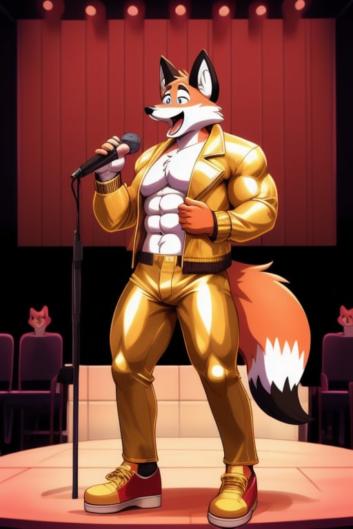 A Muscular Fox As Conrad Birdie In Bye Bye Birdie The Musical Doing A Striptease With His Gold Leather Jacket Gold Pants And Gold Shoes Singing Honestly Sincere On Stage
Stage Props-Courthouse
The Fox Has A Microphone Stand And A Sign That Says Welcome Conrad Birdie To Sweet Apple Ohio
The Fox Is With Everyone