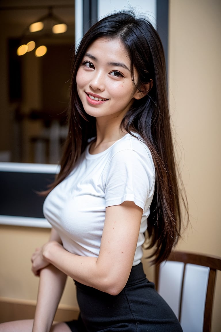 Masterpiece, highest quality, realistic, raw photo, 1girl, long hair, Bust 90cm E cup, Waist is 60cm, T-shirt, short skirt, the season is summer, shy smile, fine skin, pores, A woman working at an open cafe, Japanese, 27-years-old, Height 168cm, not wearing makeup,

Cute, beautiful, beautiful face, big breasts, soft-looking breasts, slender waist, long hair, straight hair, beautiful hair, double teeth, small face, depth of border drawn, pores, realistic skin texture , no makeup, bare face, realistic atmosphere, realism, attention to small details, face with a little pimples, High reality, high resolution, high quality,