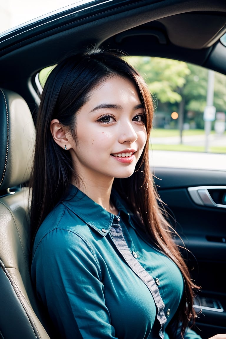 Masterpiece, highest quality, realistic, raw photo, 1girl, long hair, Bust 94cm F cup, Waist is 62cm, the season is spring, long sleeve shirt, shy smile, fine skin, pores, Passenger seat, Japanese fresh green residential area, kind personality, Japanese, 28-years-old, looks young, Height 168cm, not wearing makeup,
cute, beautiful, beautiful face, big breasts, soft-looking breasts, slender waist, long hair, straight hair, beautiful hair, double teeth, small face, depth of border drawn, pores, realistic skin texture , no makeup, bare face, realistic atmosphere, realism, attention to small details, face with a little pimples, High reality, high resolution,