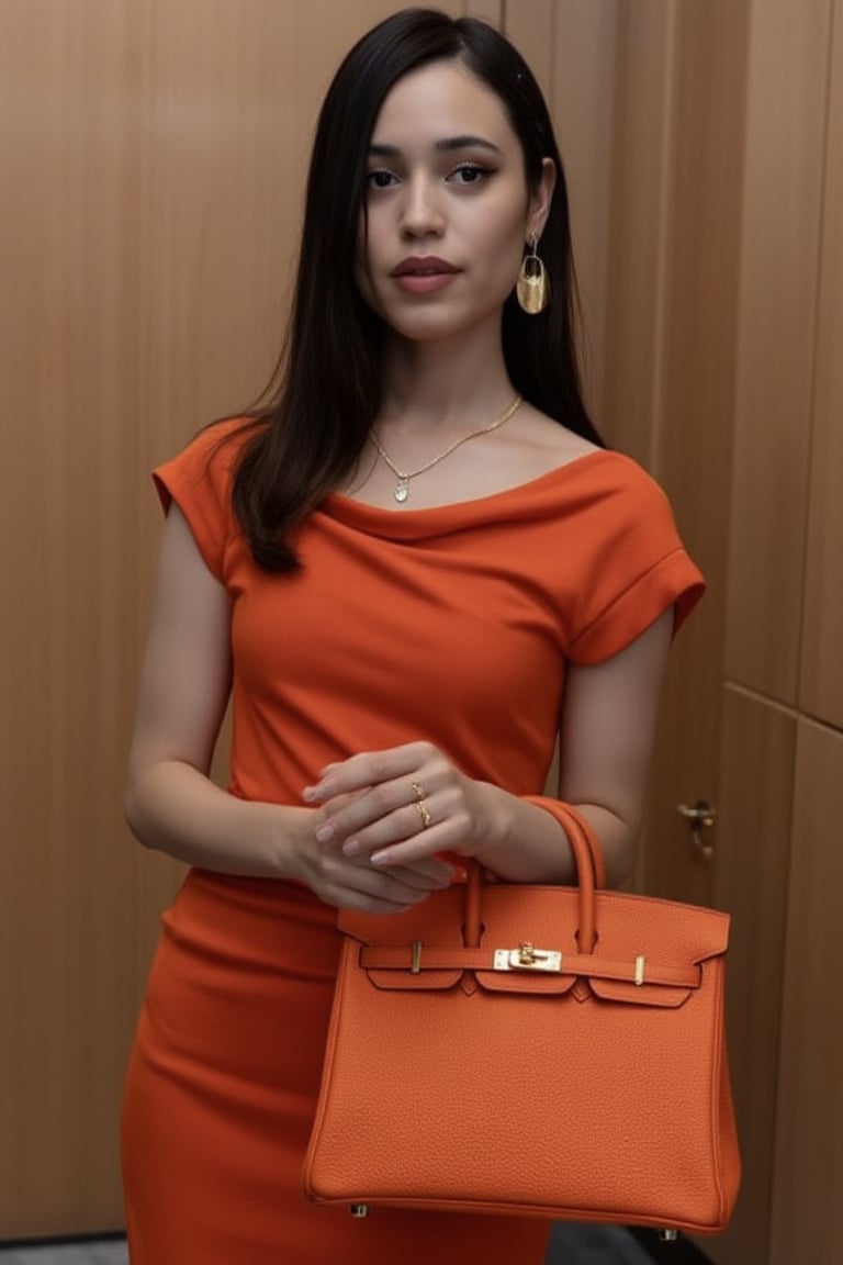 Jenna Ortega, inside a New York luxury hotel, holding her Birkin25 bag, orange color bag, Togo leather bag, holding bag on wrist, gold hardware Birkin bag. 