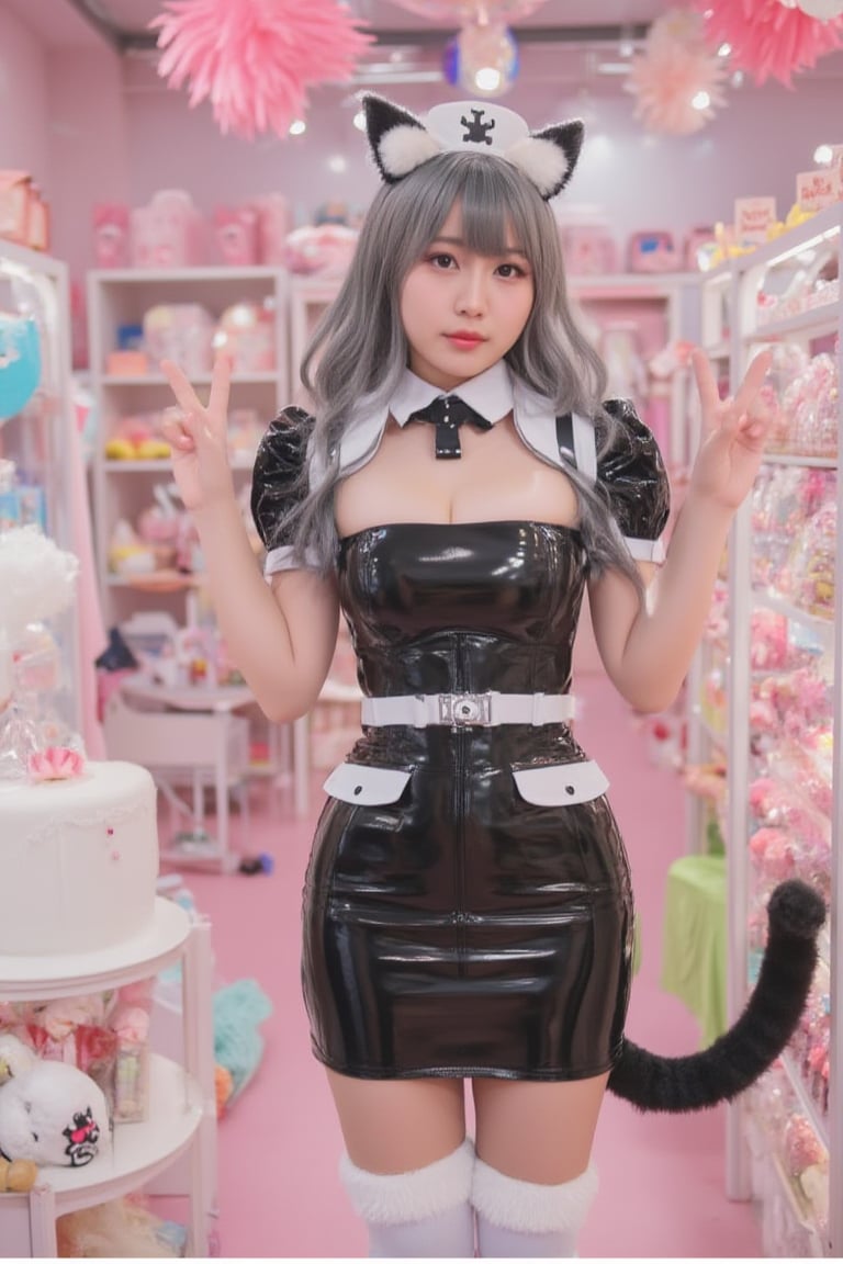 Lovely Japanese girlfriend, 18 years old, wearing a nurse PVC outfit, black and white, breasts, cat ears, cat tail, white long socks, fur cat ears, V pose,Cat tail, background a candy shop. 